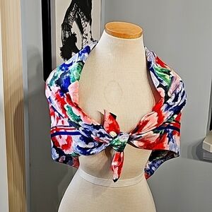 ART OF THE SCARF. From tie rack. 34" X 34". Red, blue, and green.